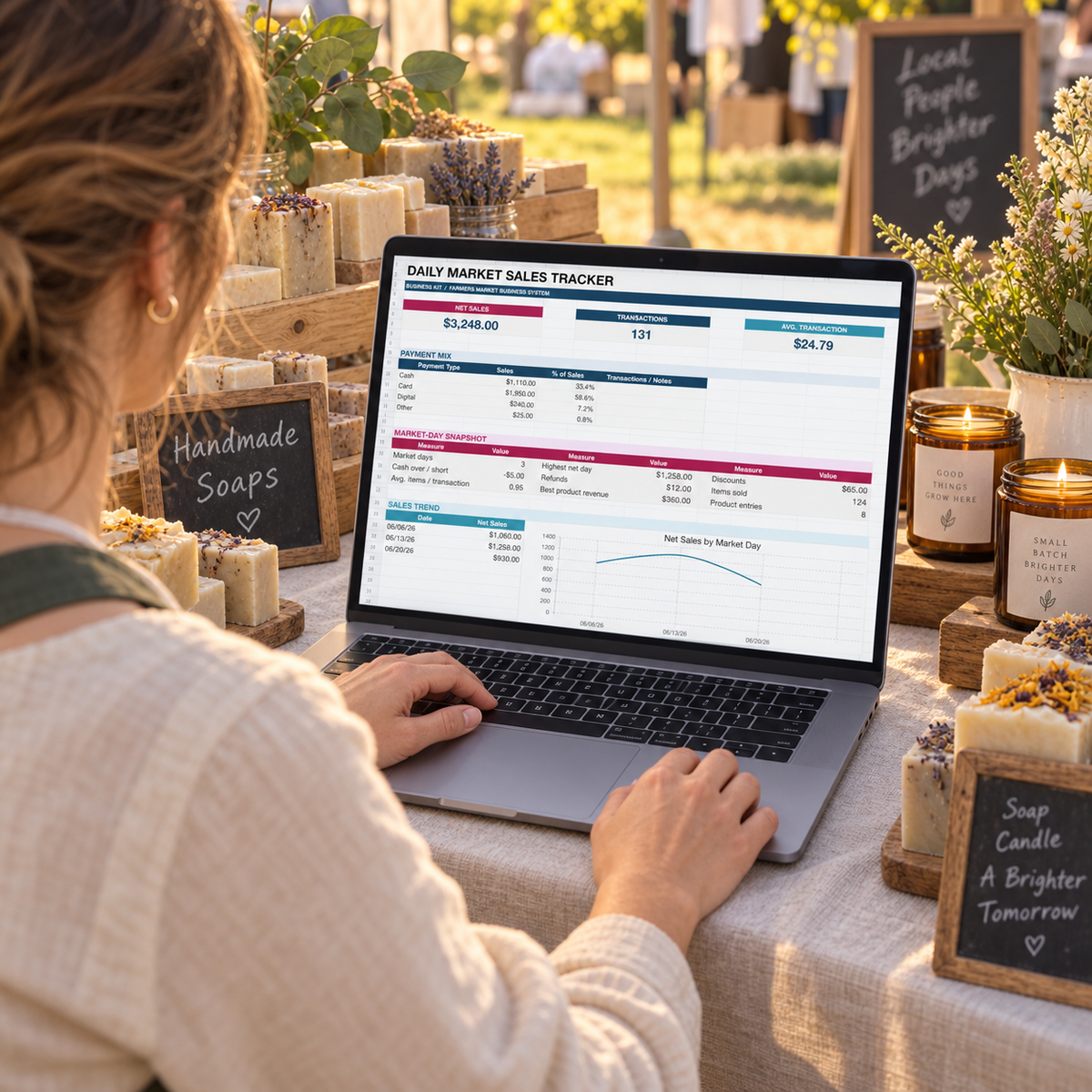 Handmade vendor reviewing the Daily Market Sales Tracker dashboard at a farmers market booth