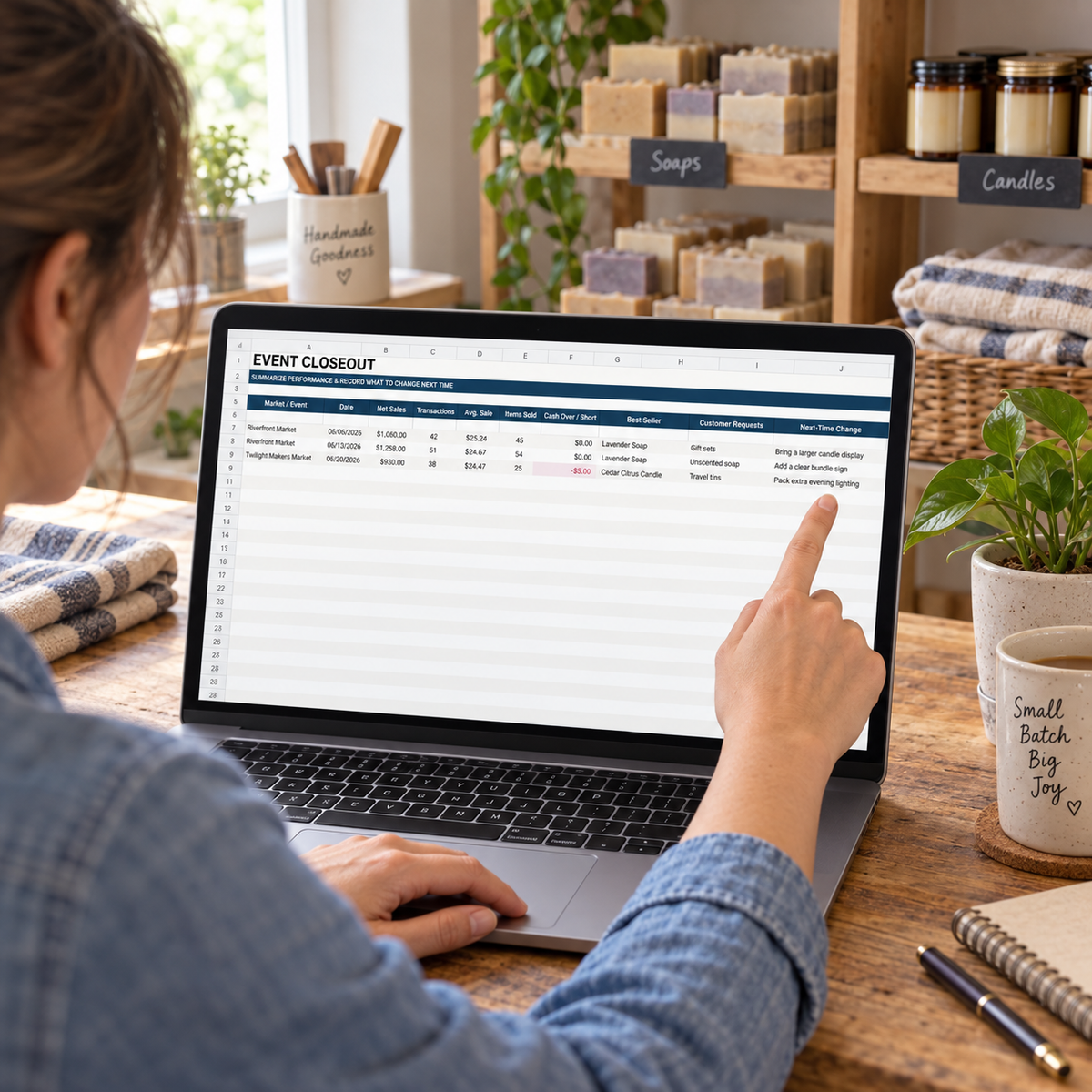 Maker reviewing the Event Closeout worksheet in the Daily Market Sales Tracker