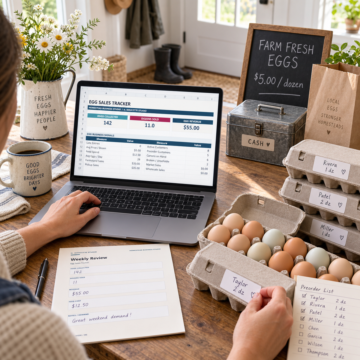 Egg seller preparing labeled preorder cartons with the Egg Sales Tracker