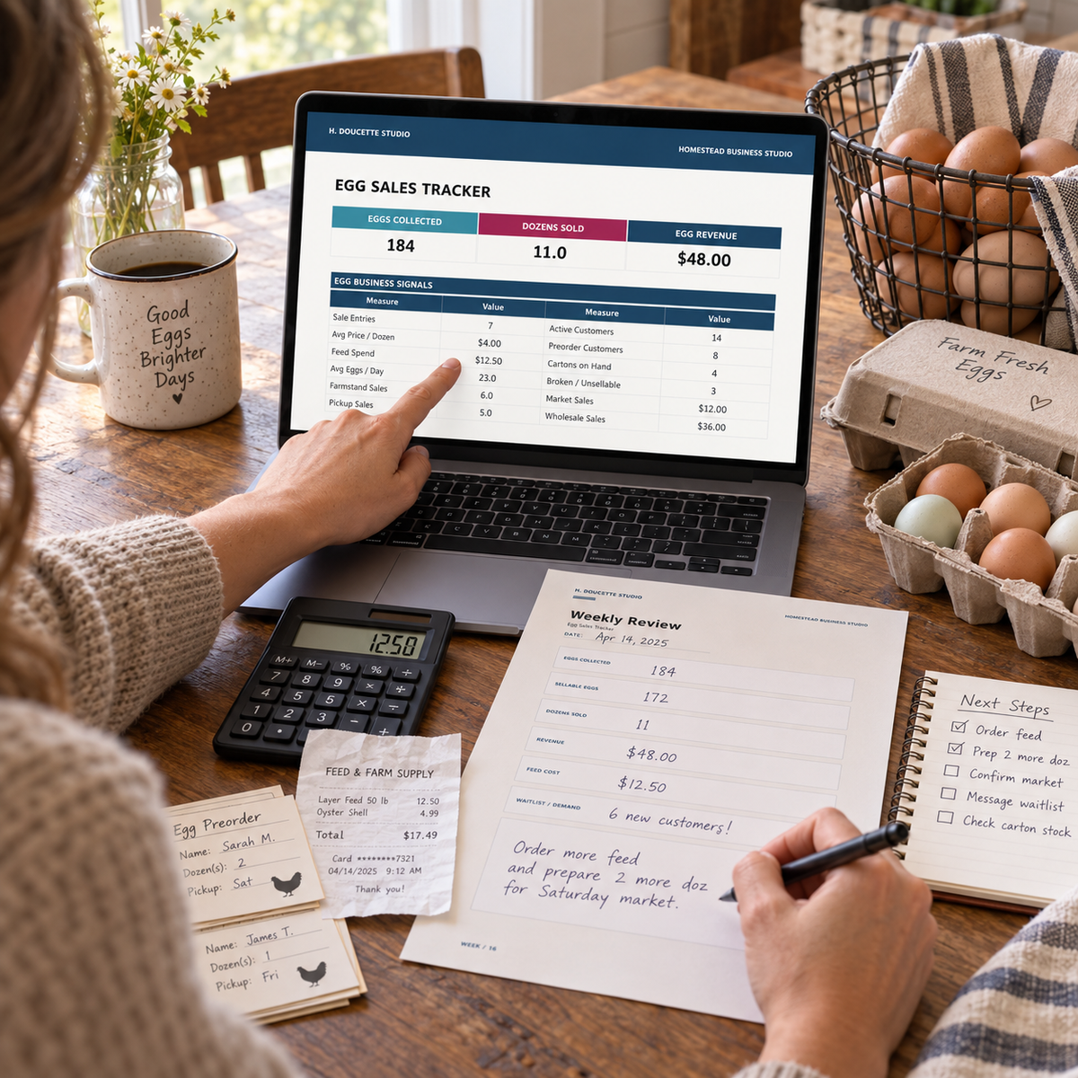 Egg business owner reviewing sales, feed costs and demand with the Egg Sales Tracker