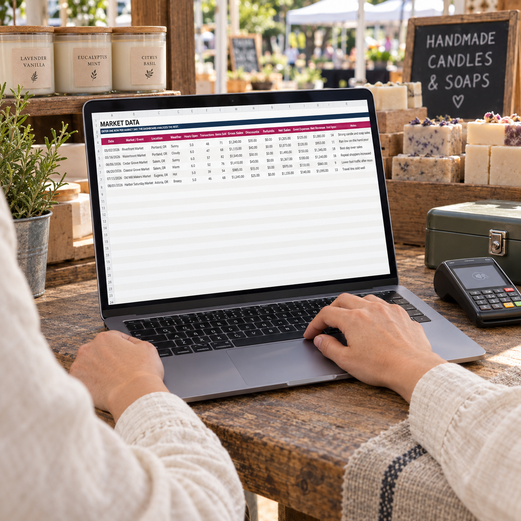 Farmers market vendor entering market sales and expense data into the Excel tracker