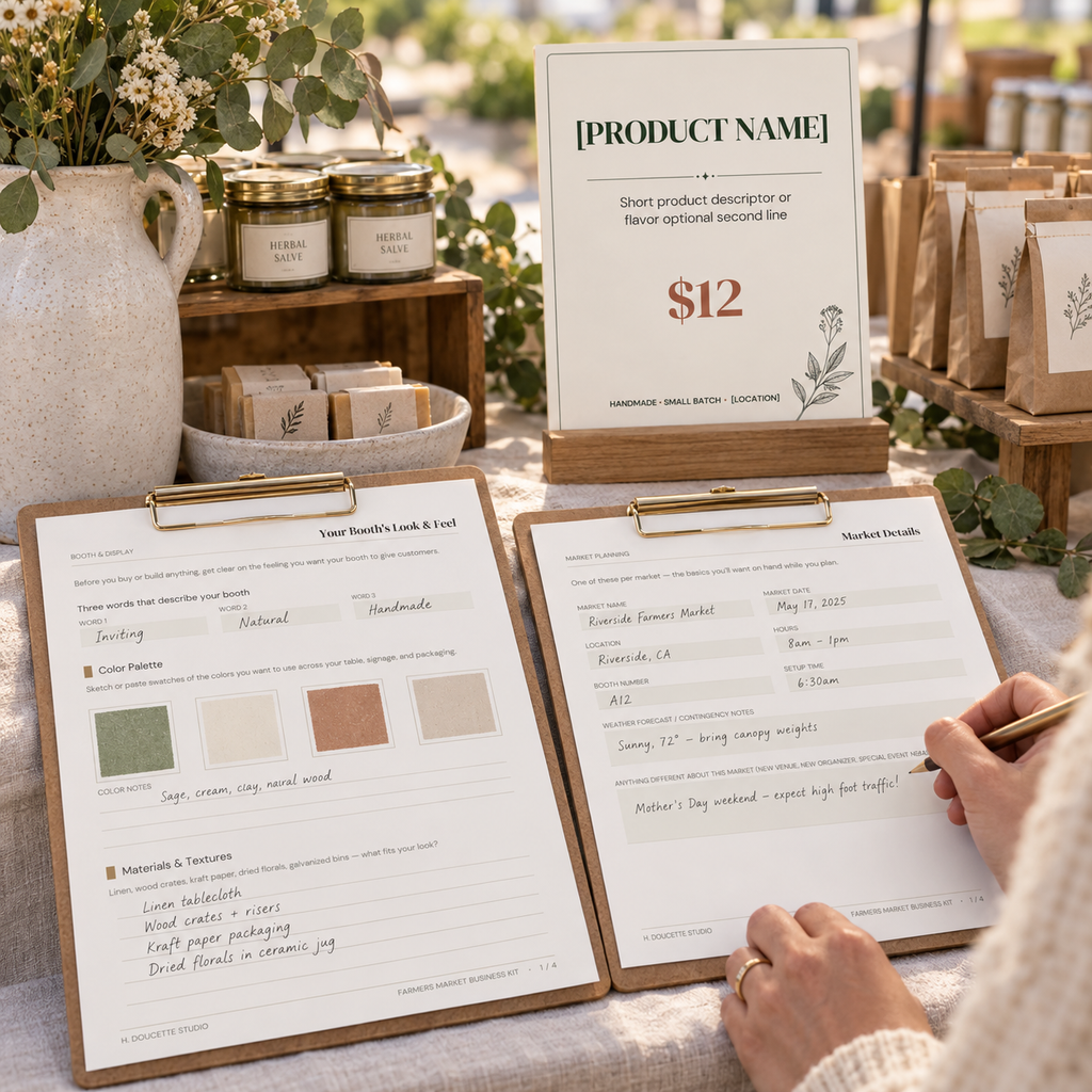 Farmers market booth and event planning templates in use
