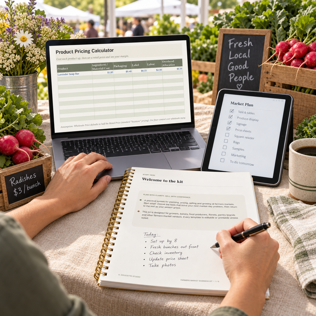 Farmers market vendor using the complete Business Kit planner, pricing calculator, and market checklist