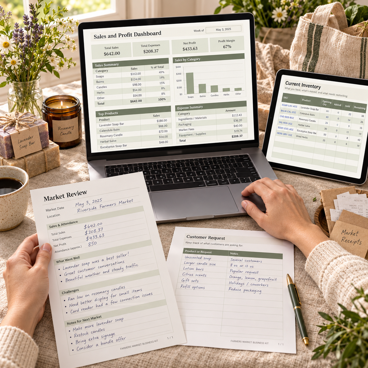 Vendor reviewing sales, profit, inventory, and customer request tools after market
