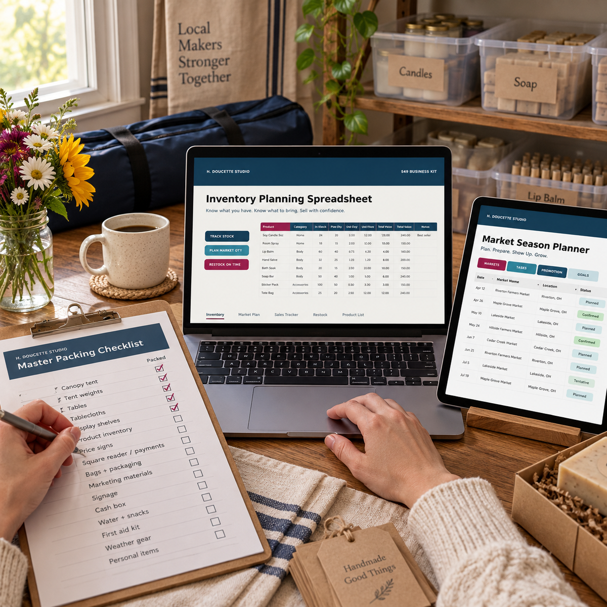 Maker preparing for market with the packing checklist, inventory spreadsheet, and season planner