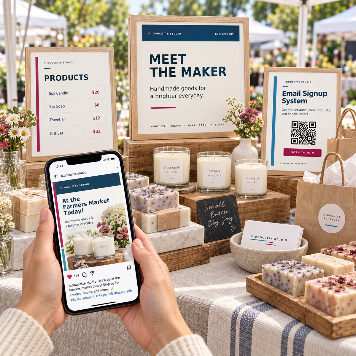 Customer viewing coordinated booth signs and social media content from the Farmers Market Business Kit Starter