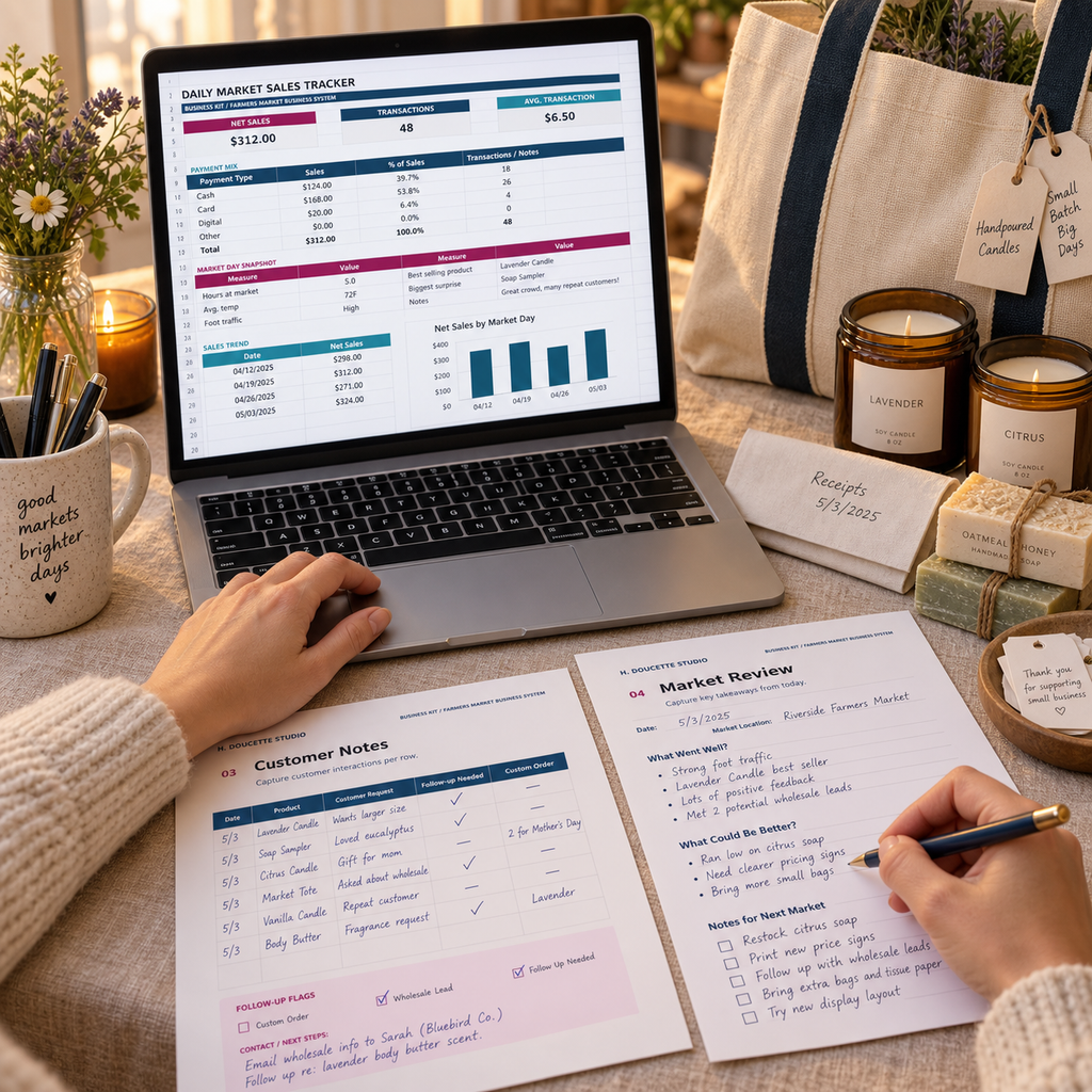 Maker reviewing daily market sales, customer notes, and market results after an event