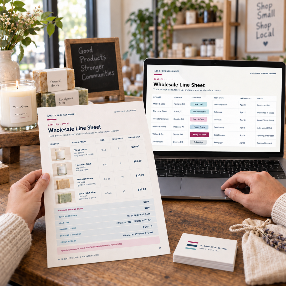 Vendor presenting the wholesale line sheet and lead tracker to an independent retailer