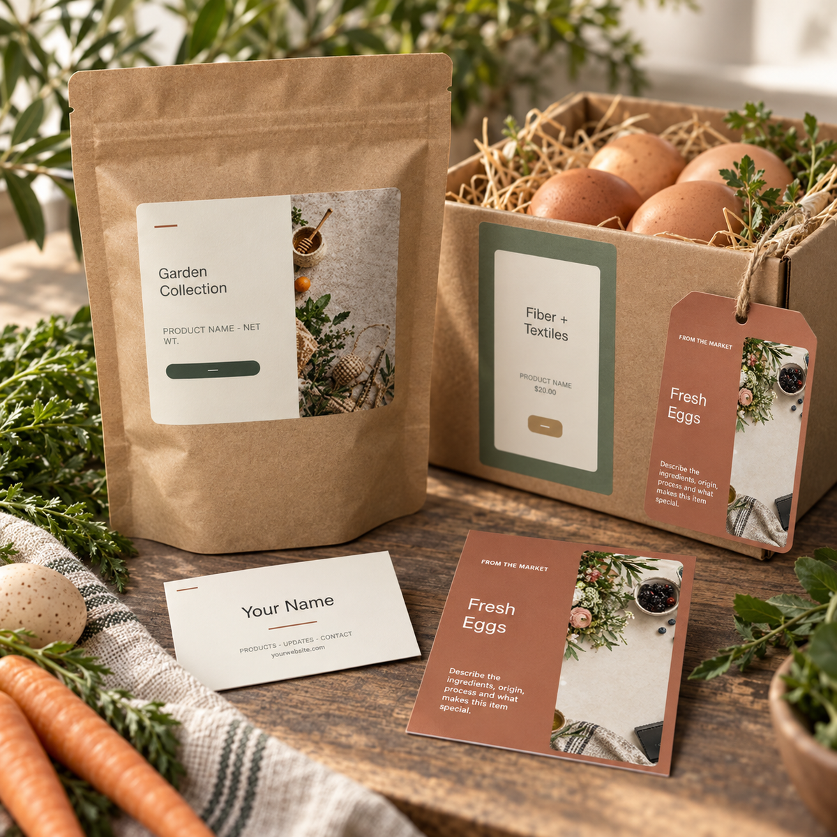 Farmers market labels, tags, cards, and packaging templates in use