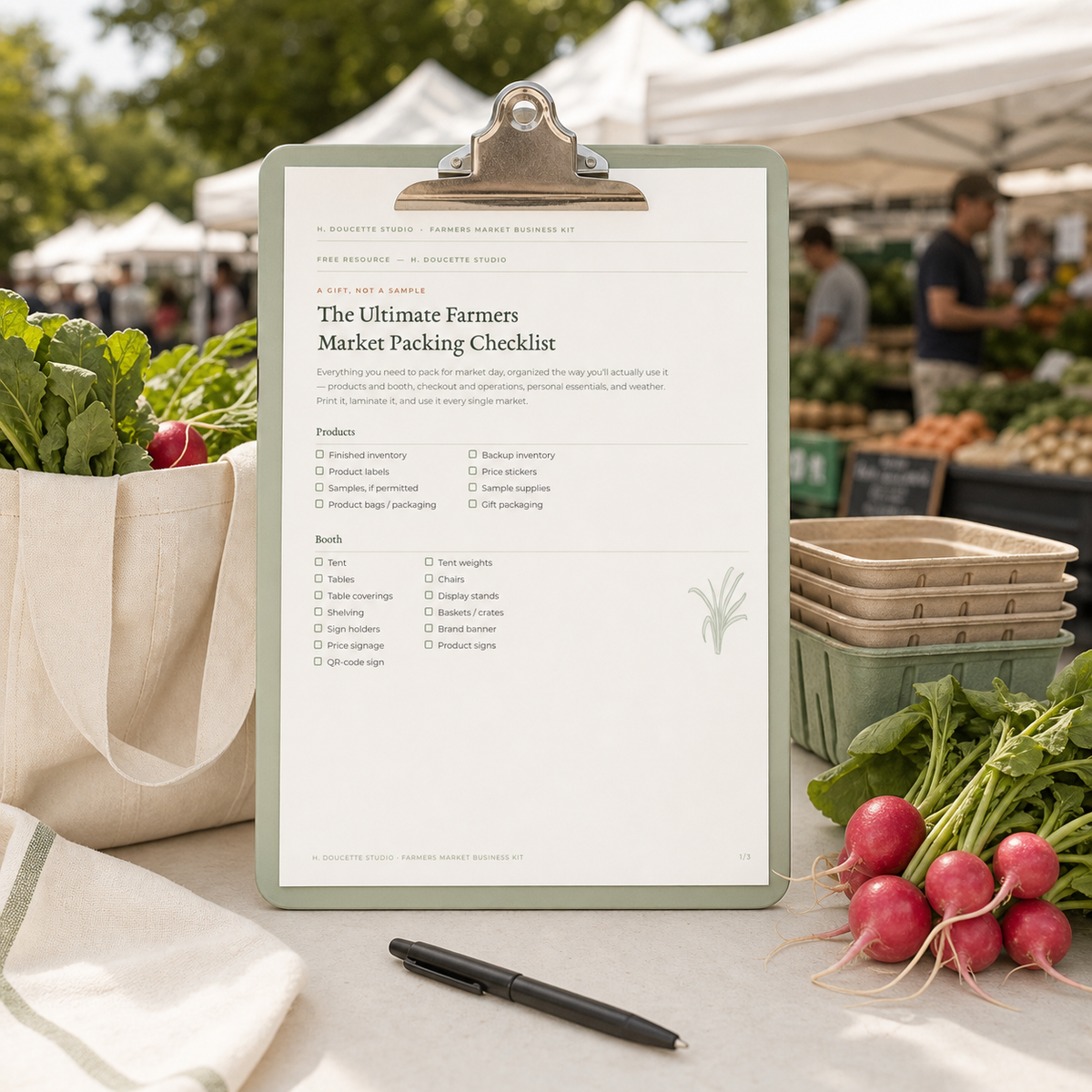 Farmers Market Packing Checklist shown at a market booth