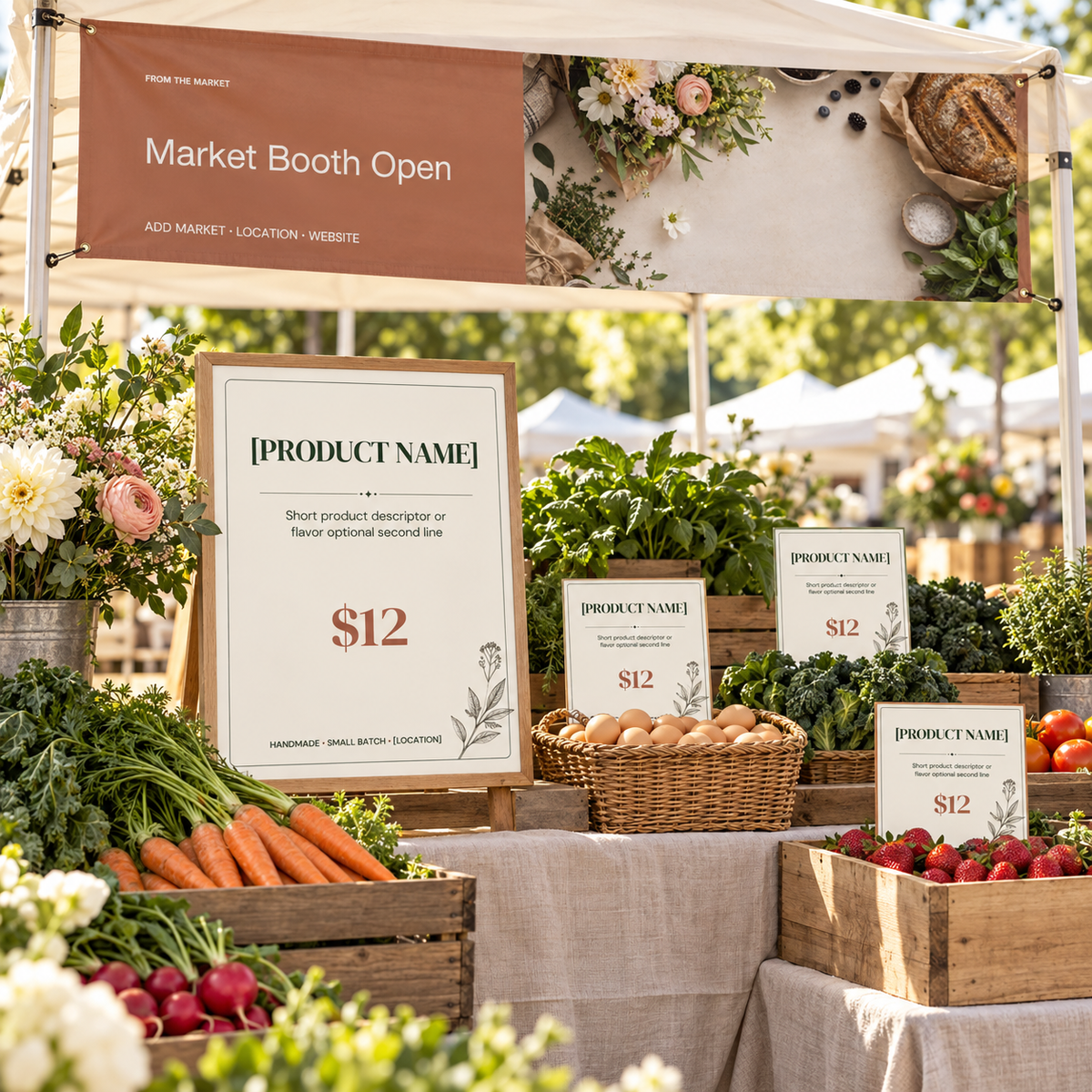 Farmers market signs and banner displayed at an outdoor booth