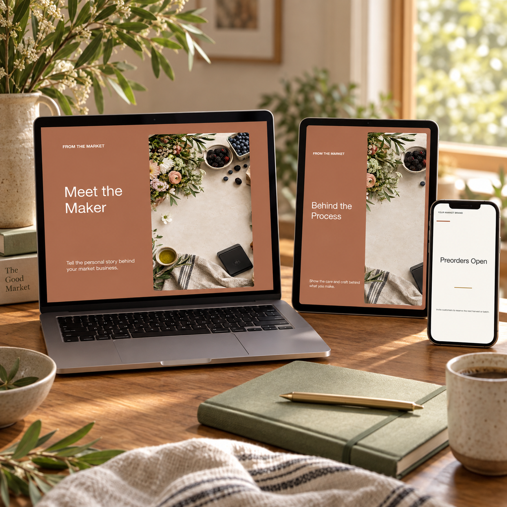 Farmers market social media templates displayed on business devices