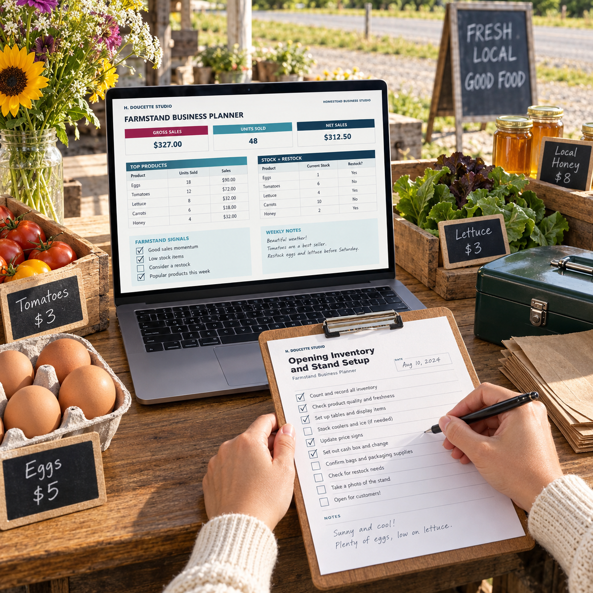 Farmstand owner using the opening inventory checklist and business planner dashboard