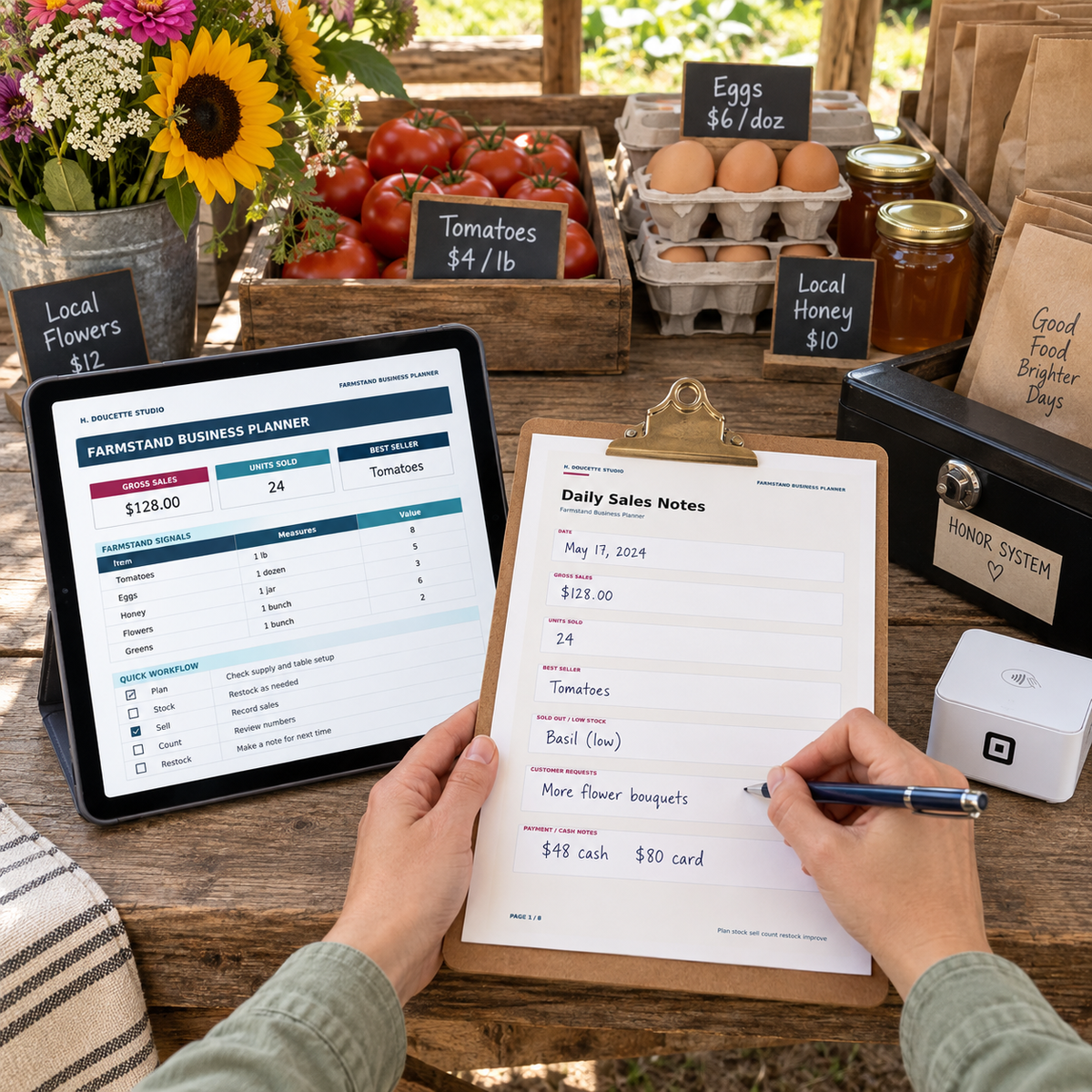Farmstand owner recording daily sales and customer requests at the stand