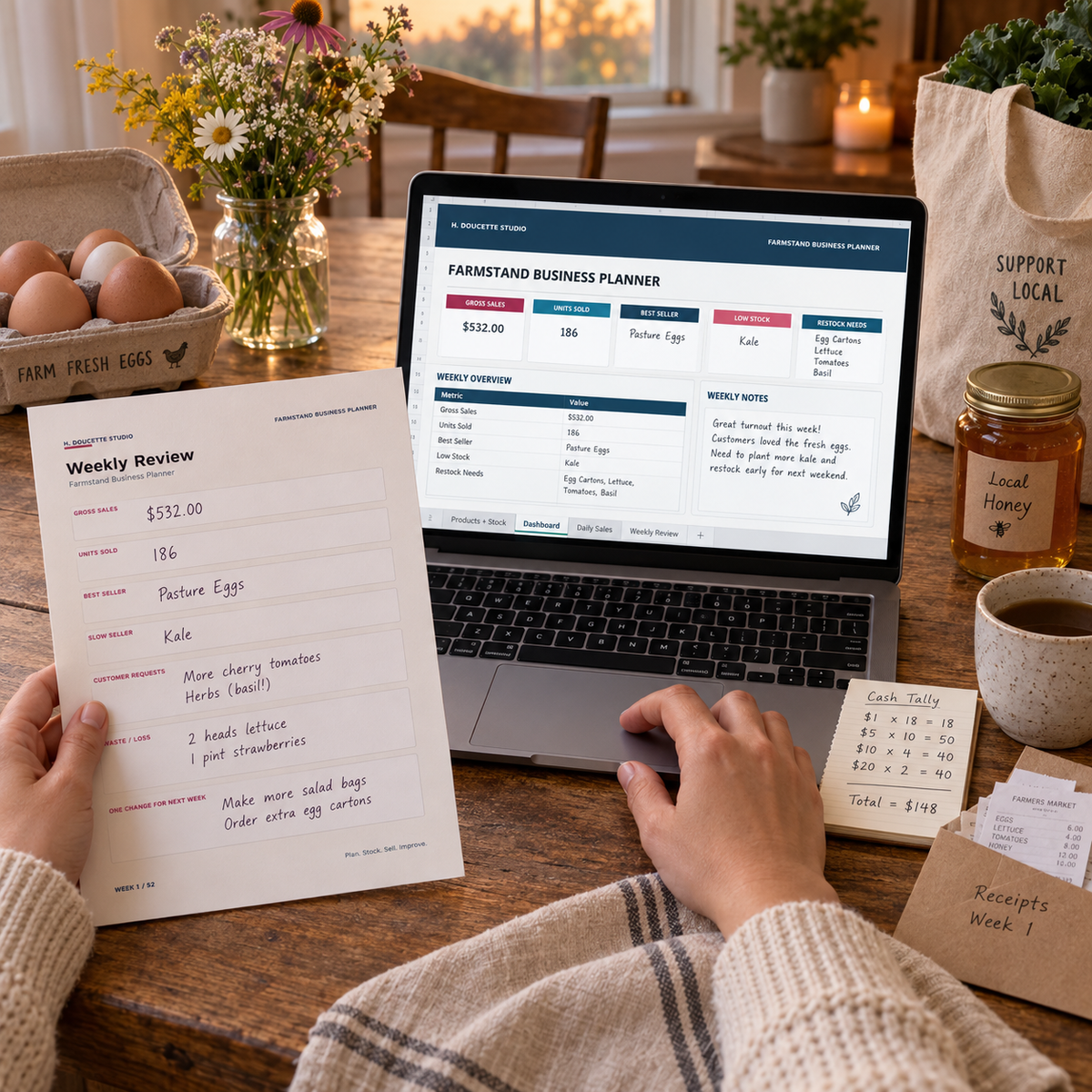 Farmstand owner reviewing weekly sales, stock, and next-week decisions