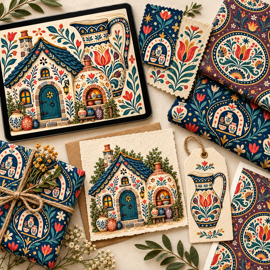 Folk Potter's Cottage and Village Ceramics clipart bundle editorial flat lay