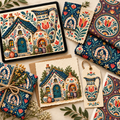 Folk Potter's Cottage and Village Ceramics clipart bundle editorial flat lay