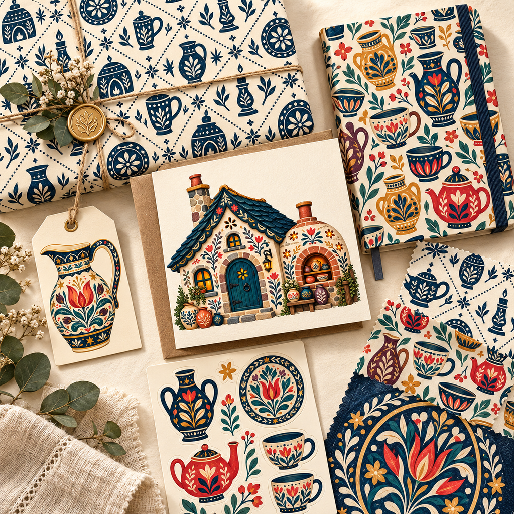 Pottery folk art clipart used on stationery gift wrap stickers and textiles