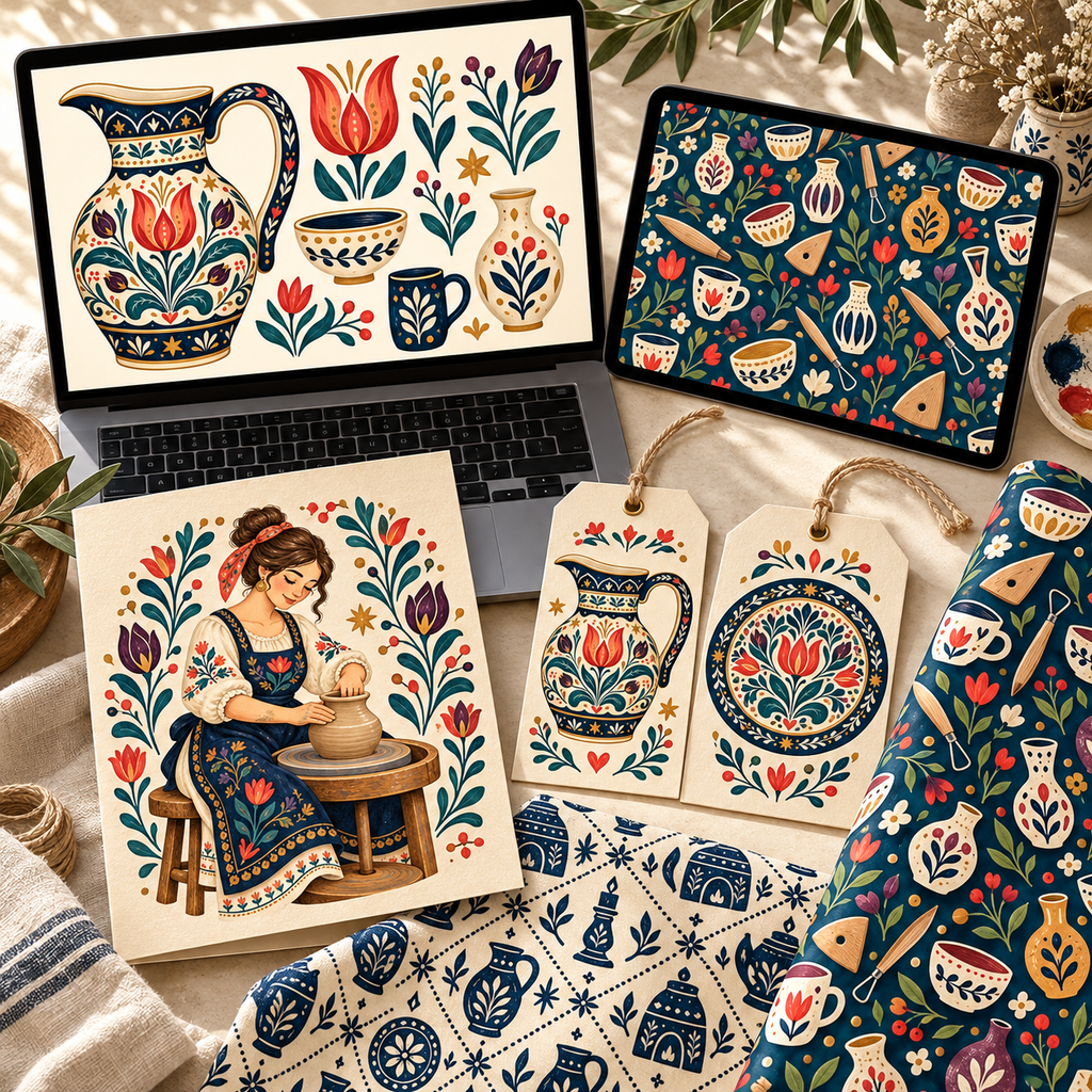 Potter's Cottage digital illustration bundle shown in a creative design workspace