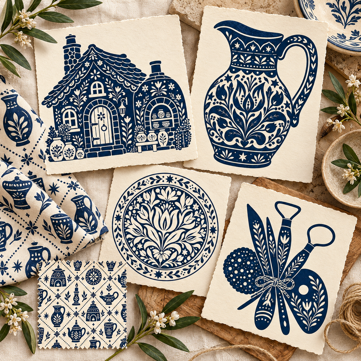 Midnight navy pottery clipart silhouettes with decorative transparent cutouts