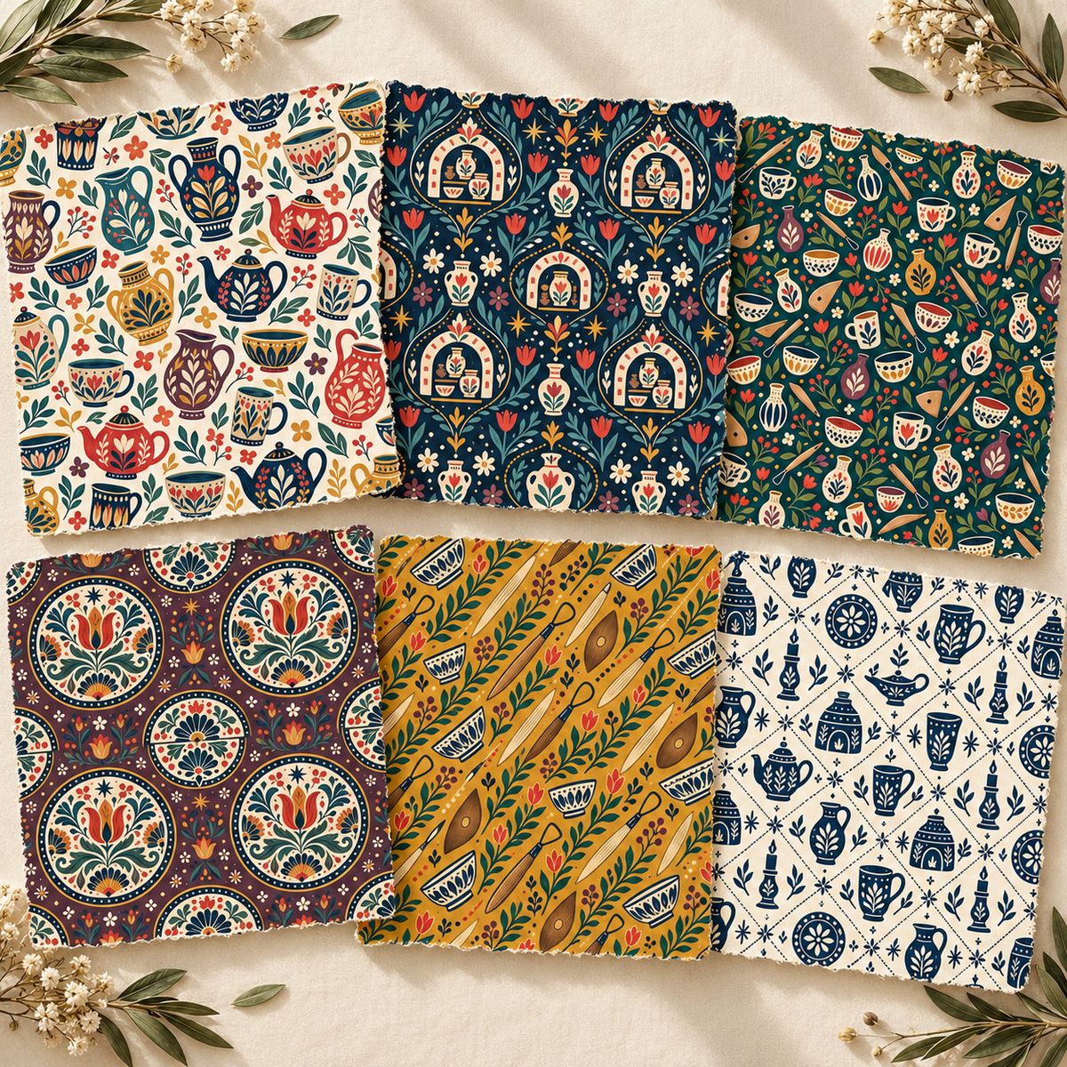 Six seamless pottery folk art patterns in cream navy teal plum and ochre