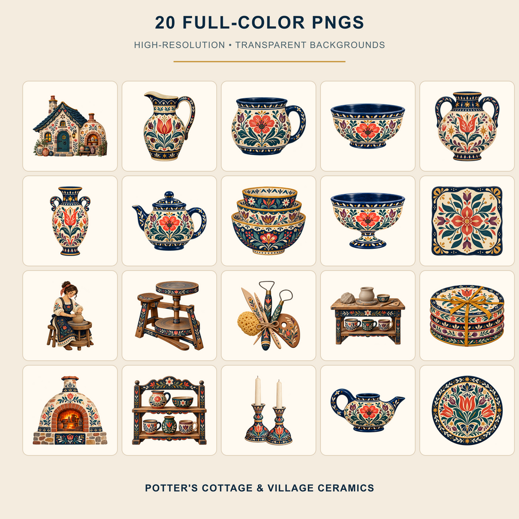 Twenty full-color Potter's Cottage transparent PNG illustrations included