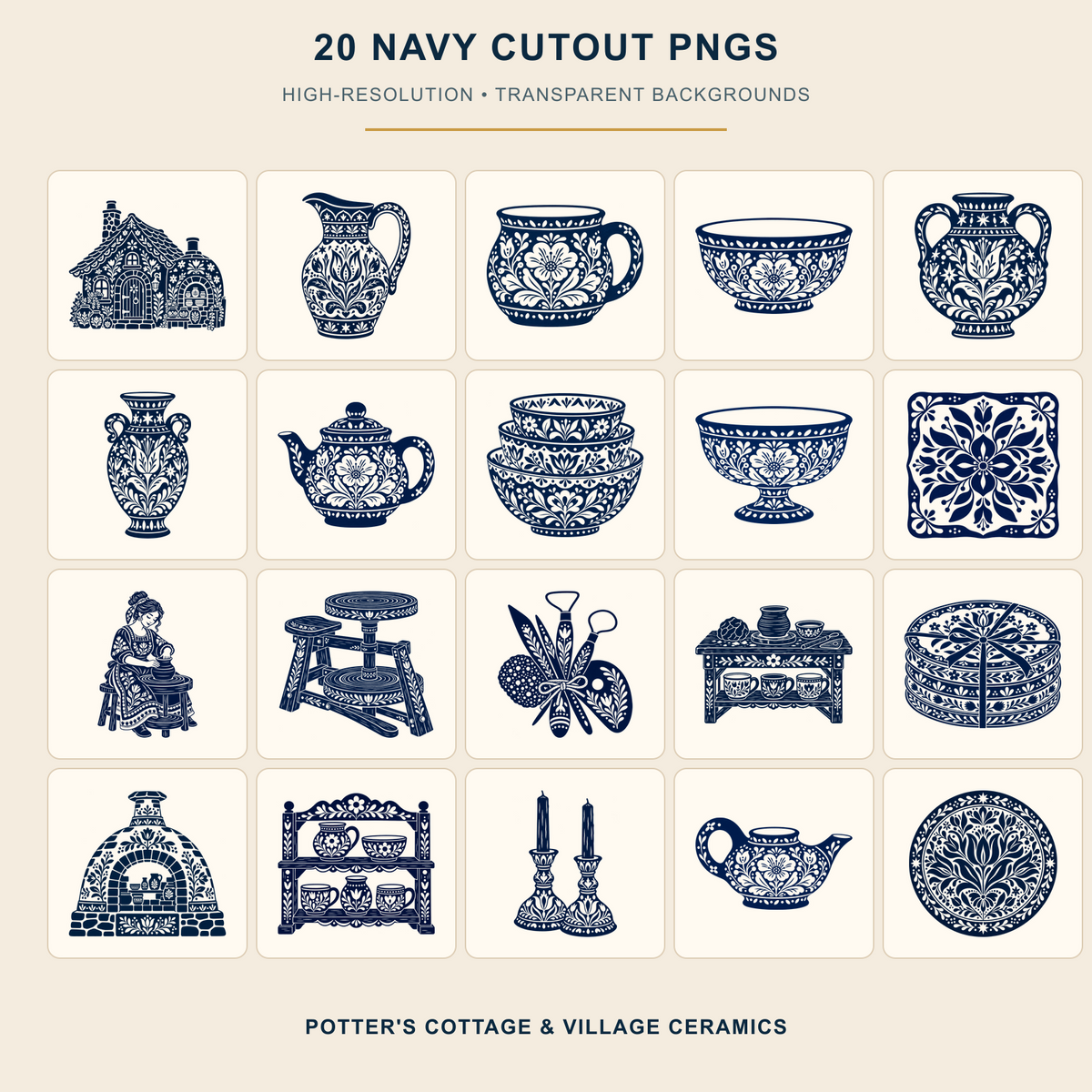 Twenty midnight navy pottery PNG illustrations with transparent cutouts included