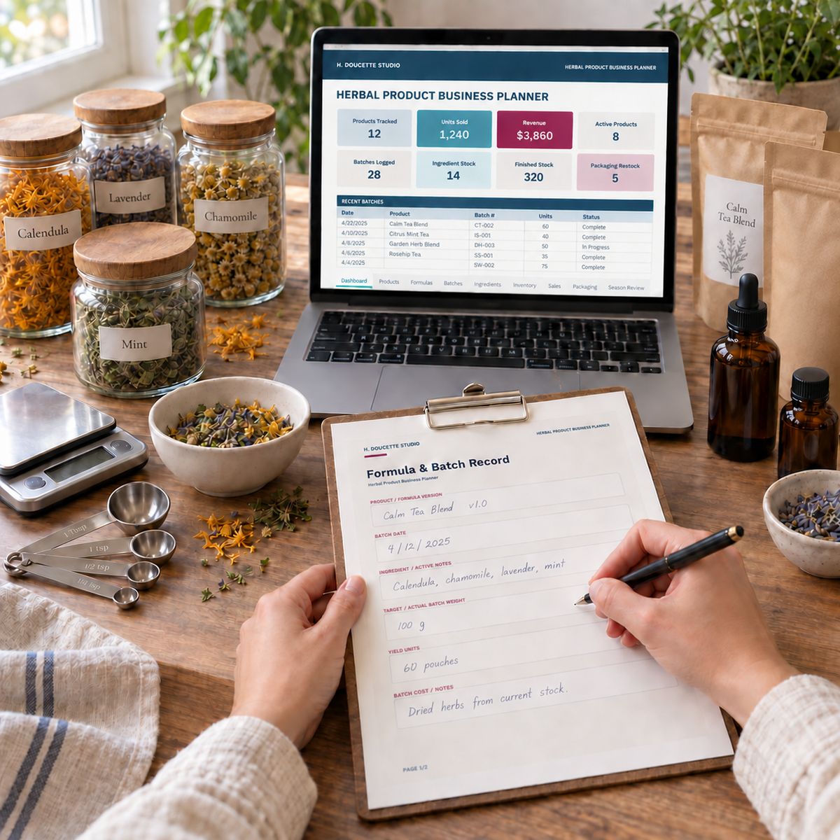 Botanical maker recording a neutral herbal product formula and batch beside the business dashboard