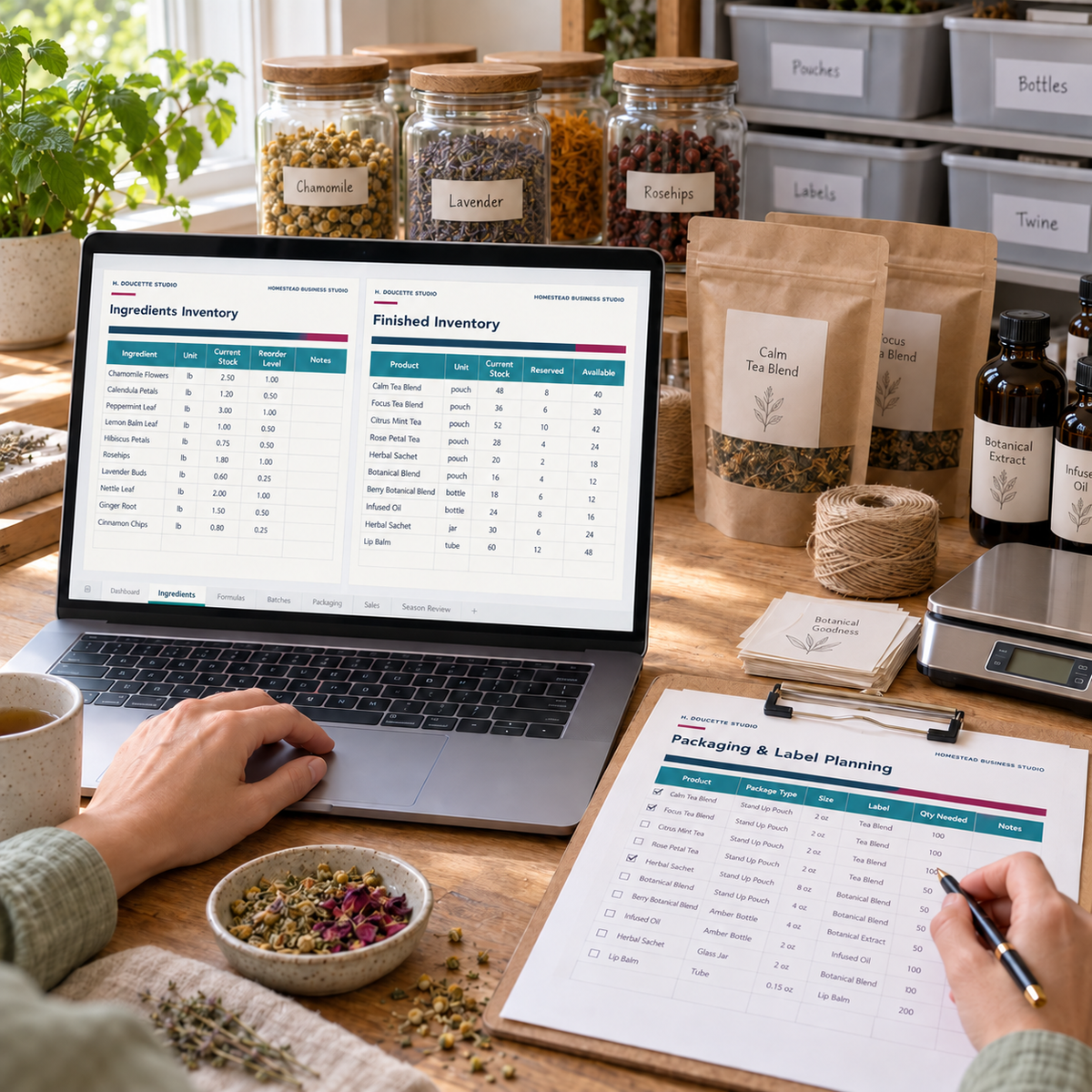 Botanical maker reviewing ingredient inventory, finished stock, and packaging plans