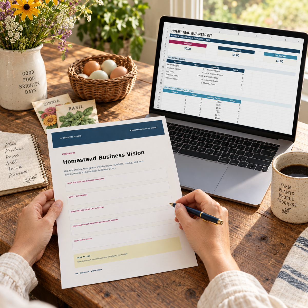 Homestead Business Kit business vision worksheet and master tracker in use