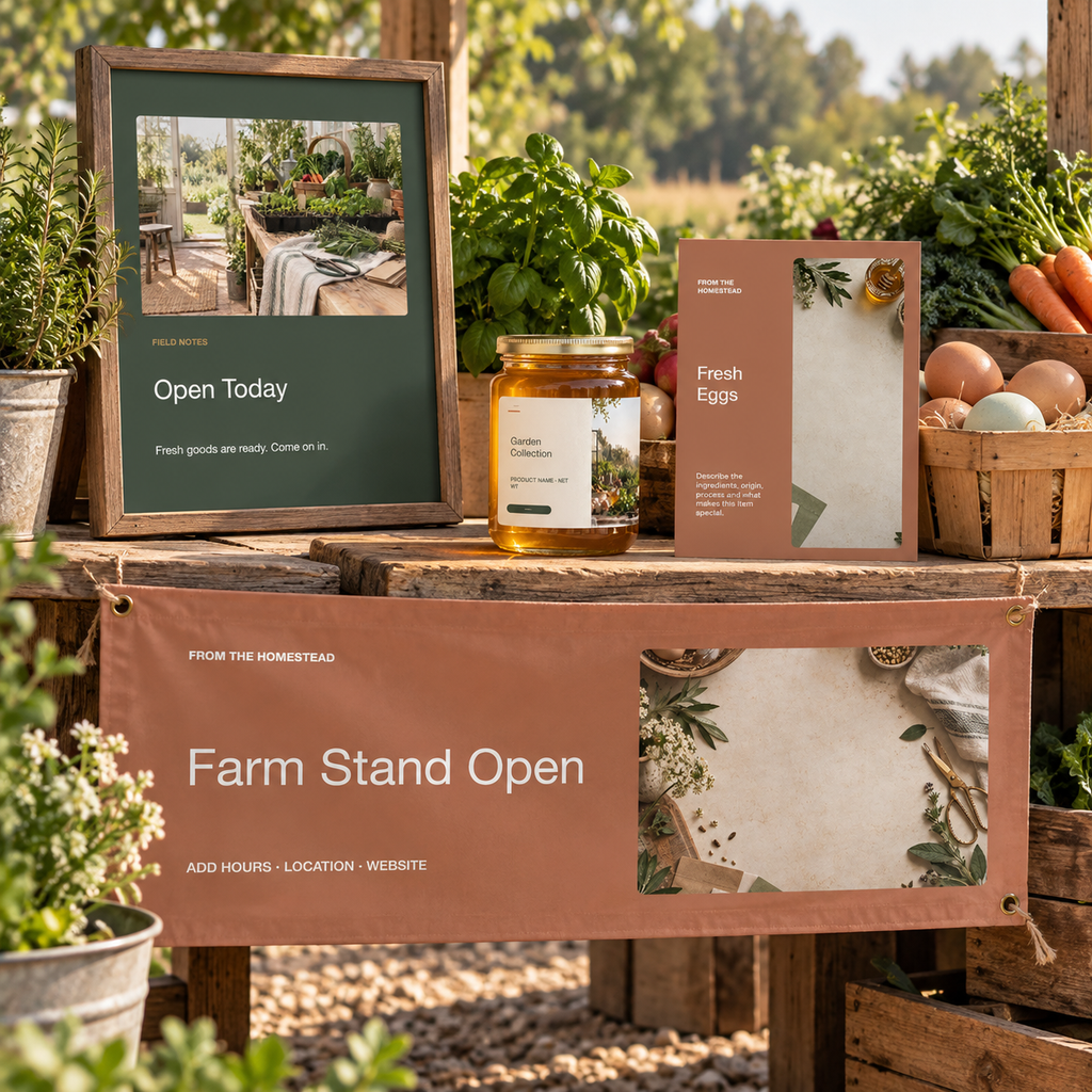 Homestead farm stand branding templates displayed at a produce stand
