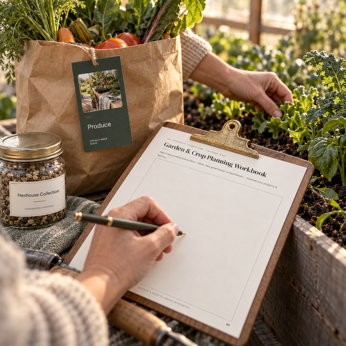 Homestead garden production planner, tags, and labels in use