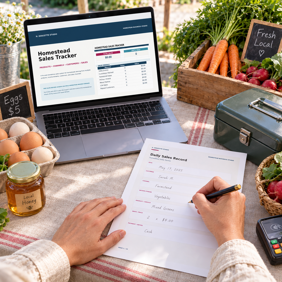 Homestead Sales Tracker daily farmstand sales worksheet and dashboard in use