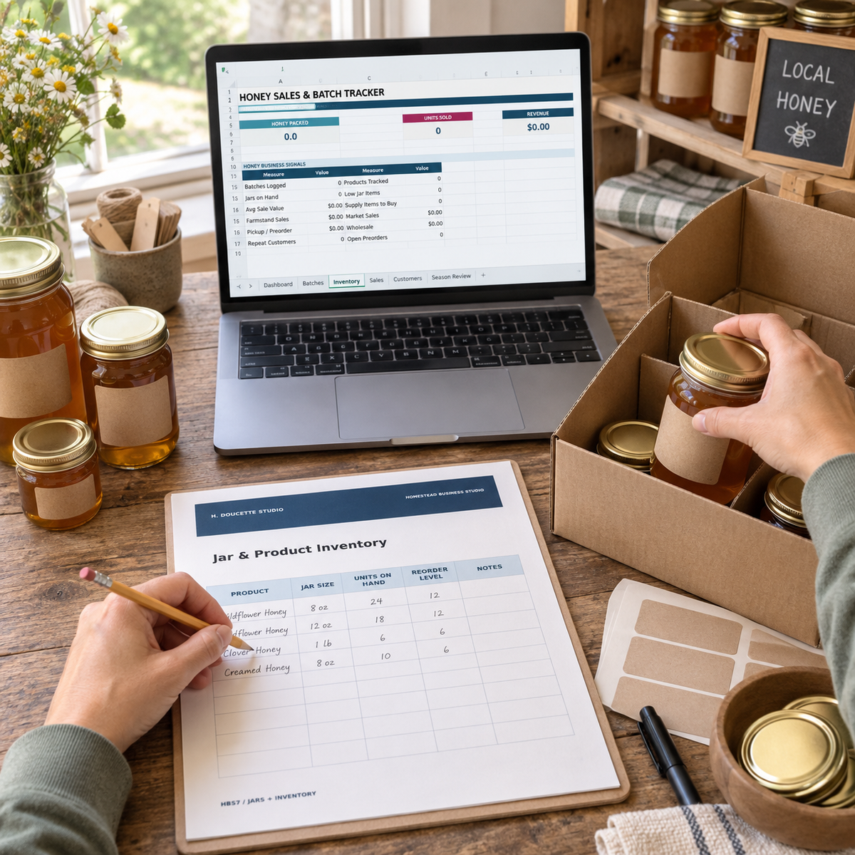 Honey Sales and Batch Tracker jar inventory workflow in use