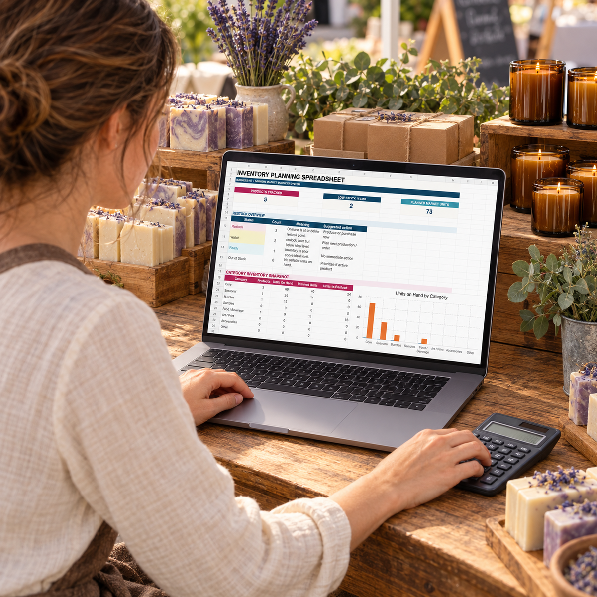 Handmade vendor using the Inventory Planning Spreadsheet dashboard at a soap and candle market booth