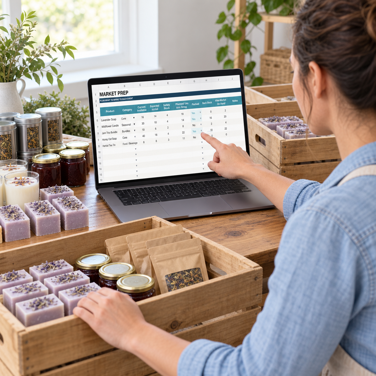 Farmers market vendor using the Market Prep worksheet while packing product crates