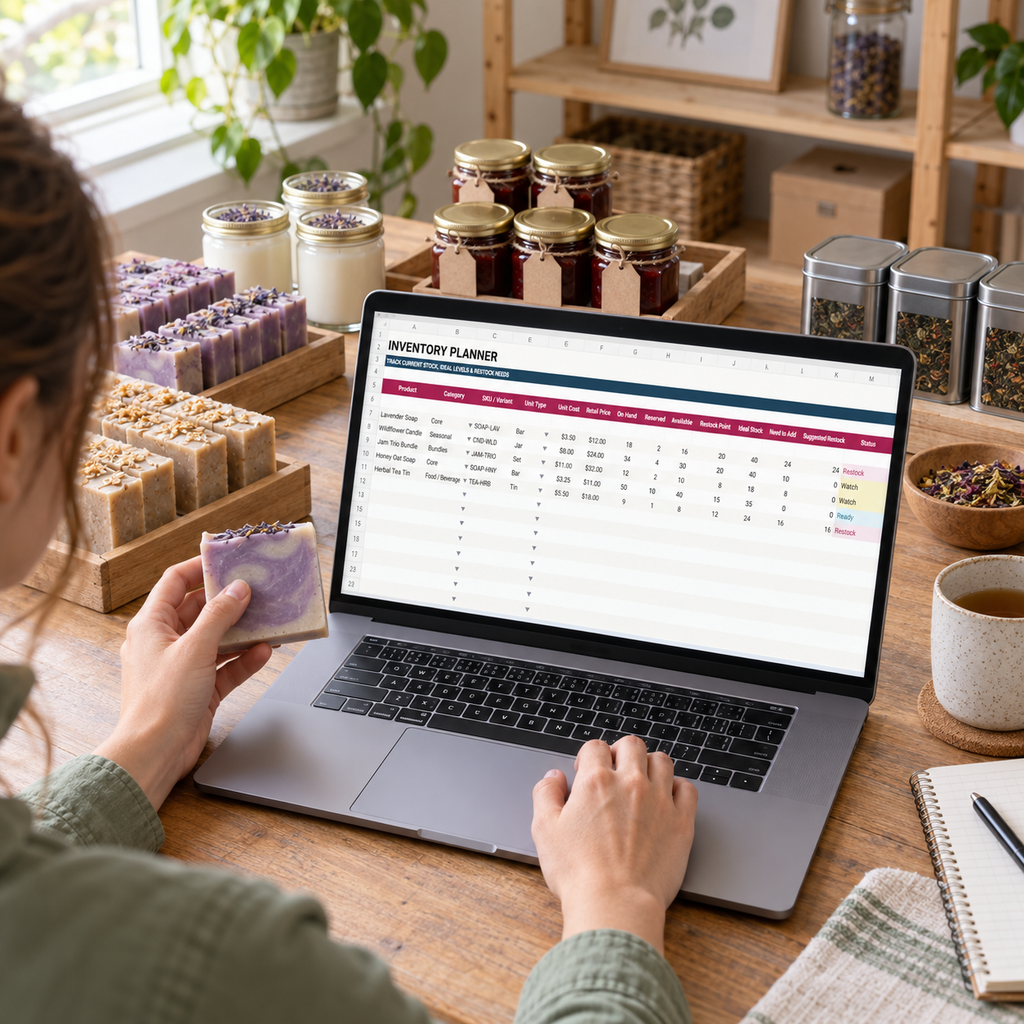 Maker updating handmade product counts in the Inventory Planning Spreadsheet