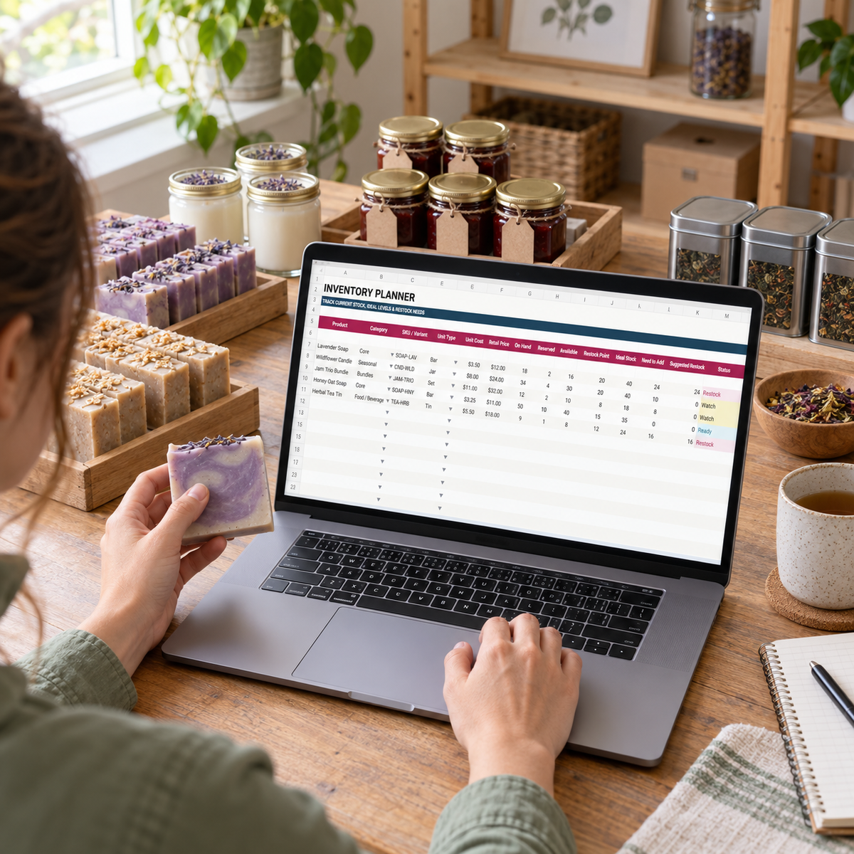 Maker updating handmade product counts in the Inventory Planning Spreadsheet