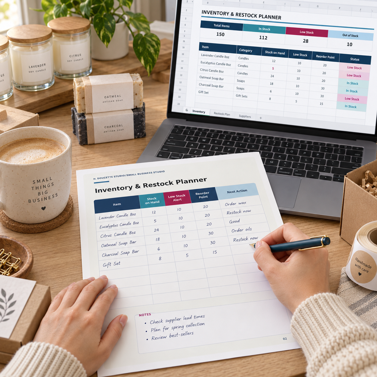 Inventory and Restock Planner used to review candle and soap stock