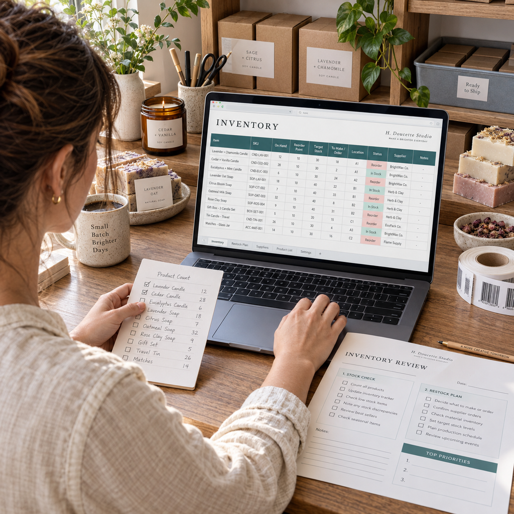 Maker using the Inventory & Restock Planner workbook and printable inventory review worksheet