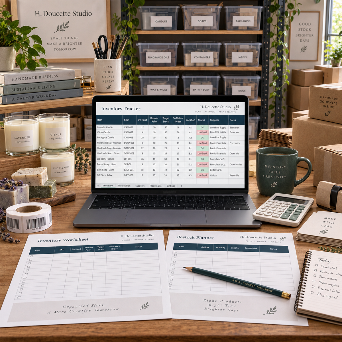 Inventory & Restock Planner workbook and printable worksheets on a handmade business stockroom worktable