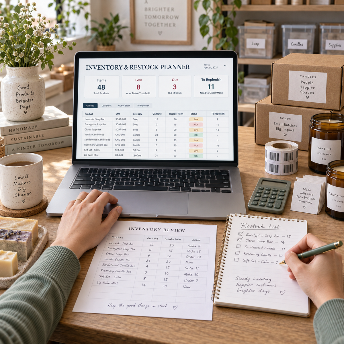 Maker reviewing the Inventory & Restock Planner dashboard and handwritten restock list