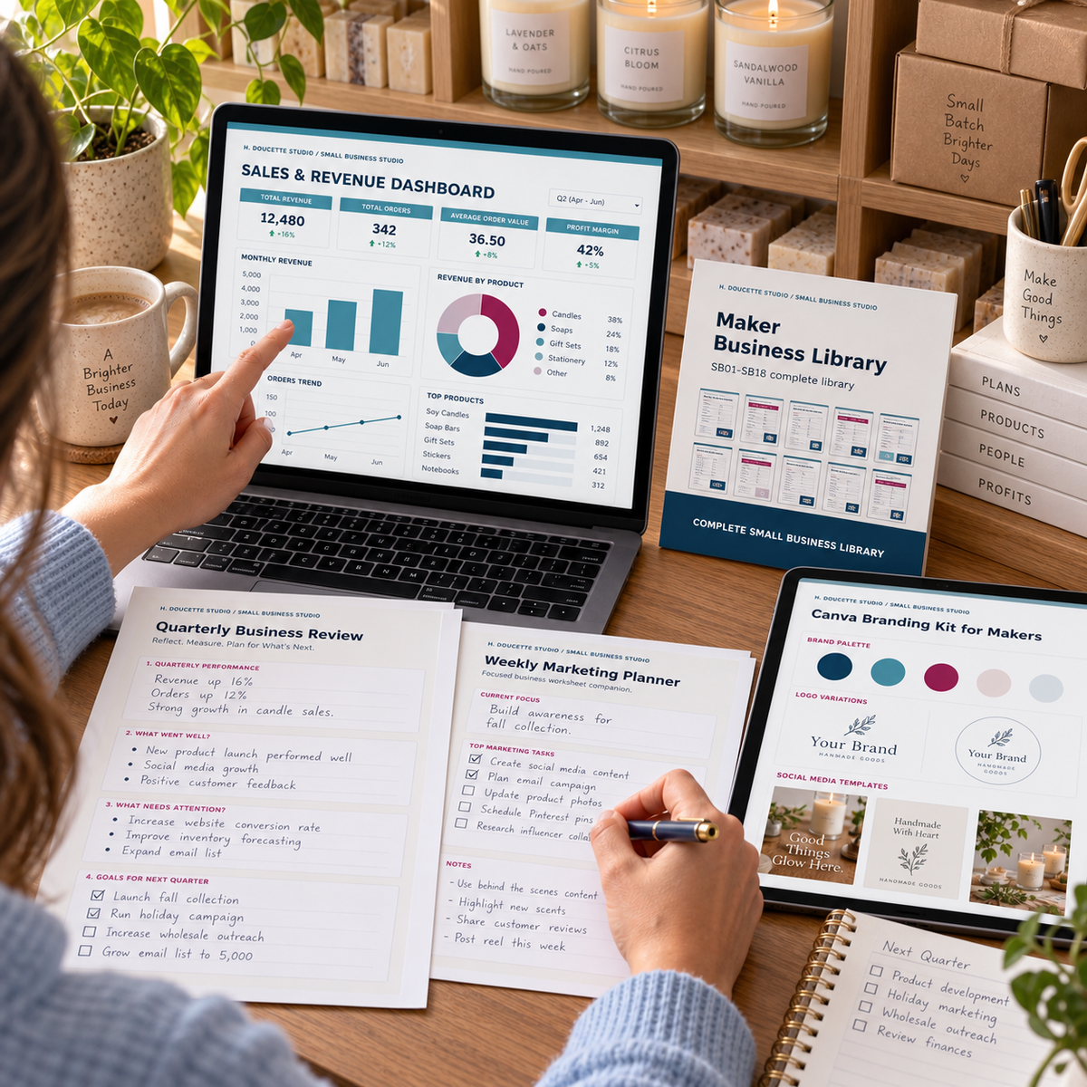 Maker Business Library marketing planner and quarterly review tools in use