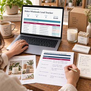 Maker planning retailer outreach with the Maker Wholesale Lead Tracker dashboard and printable wholesale review worksheet