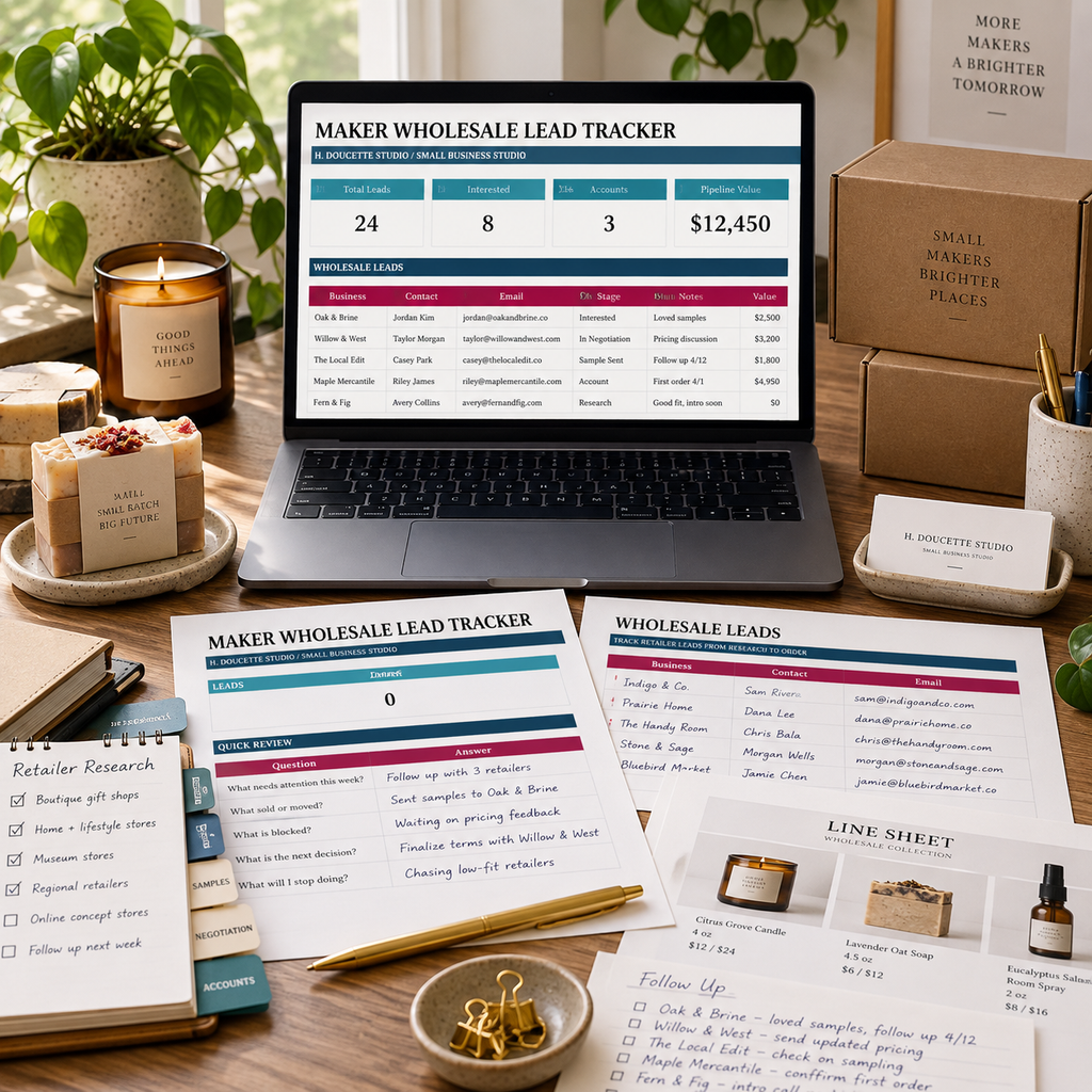 Maker Wholesale Lead Tracker dashboard, wholesale lead log, line sheet, and retailer research notes on a studio desk