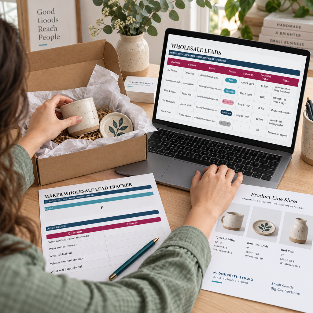Maker packing wholesale samples while reviewing retailer leads and follow-up dates on the Maker Wholesale Lead Tracker