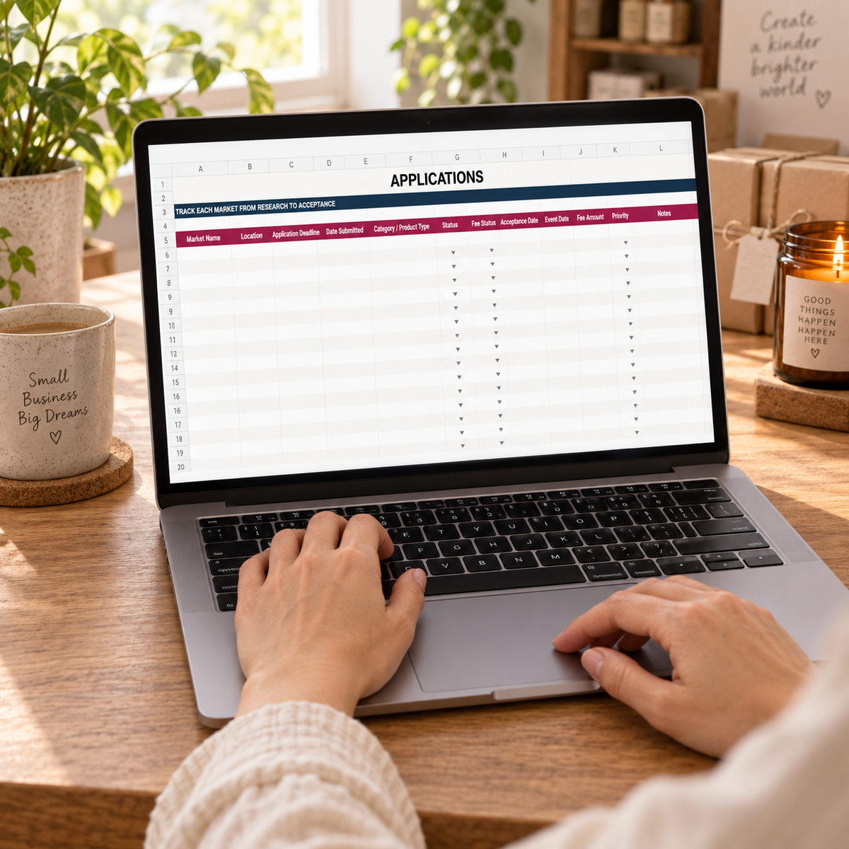 Market Application Tracker applications spreadsheet used on a laptop