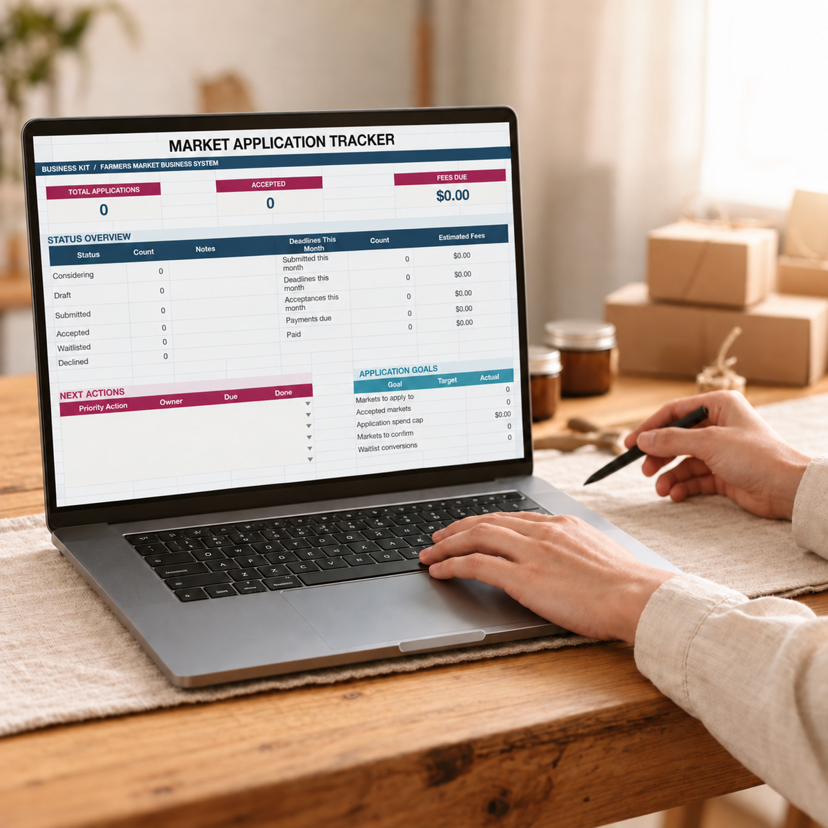 Market Application Tracker dashboard used by a handmade business owner