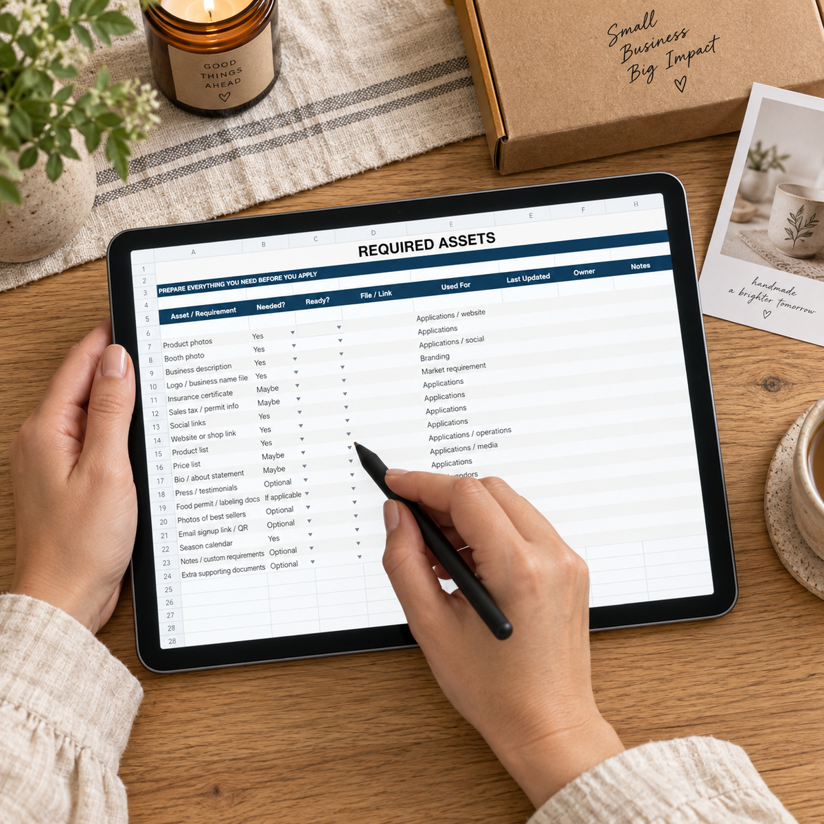 Market Application Tracker required assets checklist used on a tablet