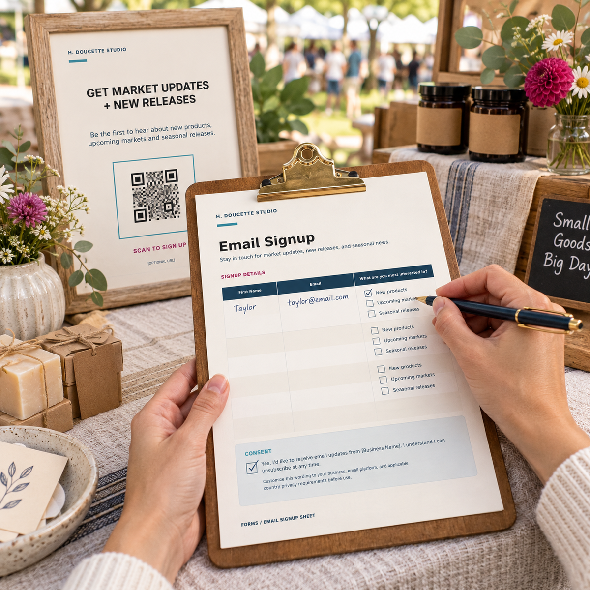 Customer completing the consent-based Email Signup sheet at a market booth